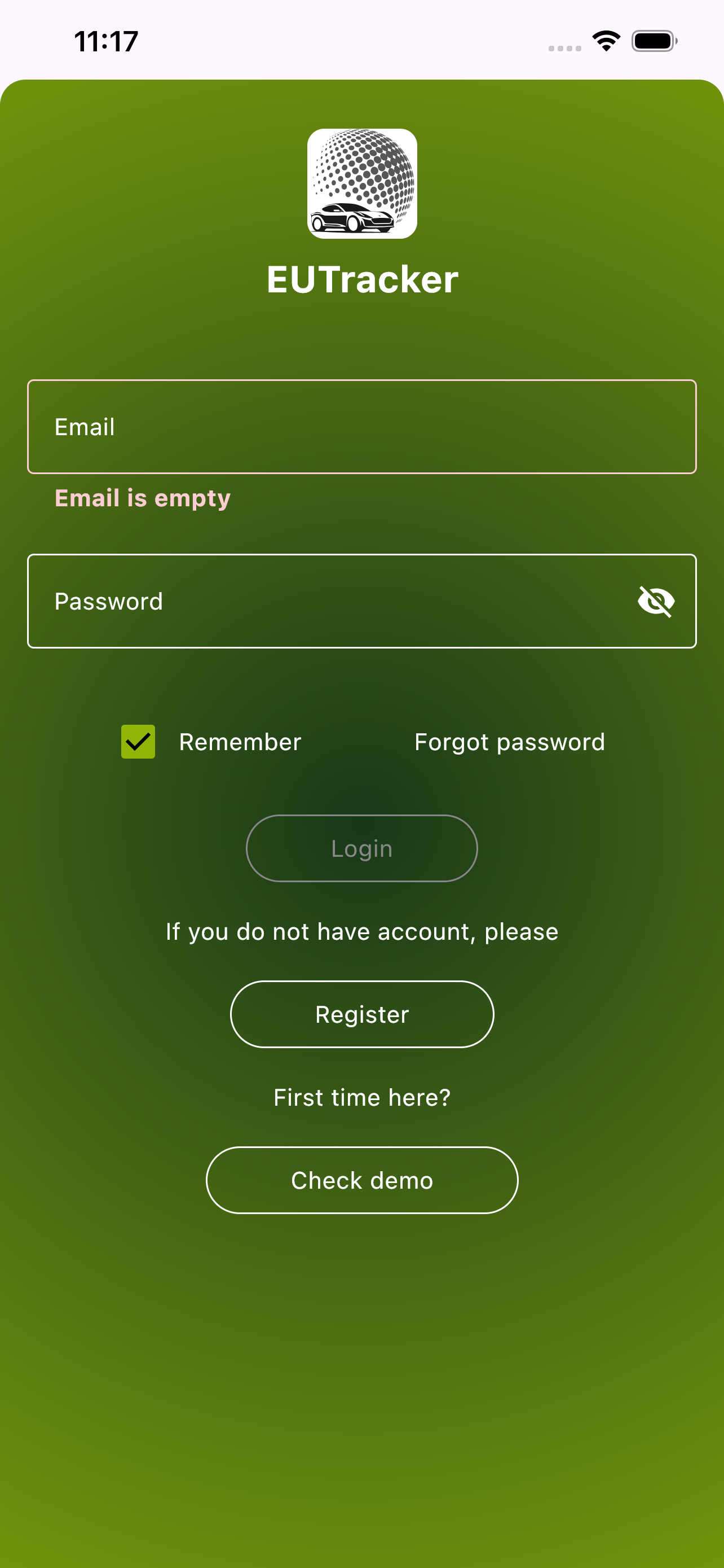 EUTracker telematikai alkalmazás bejelentkezés